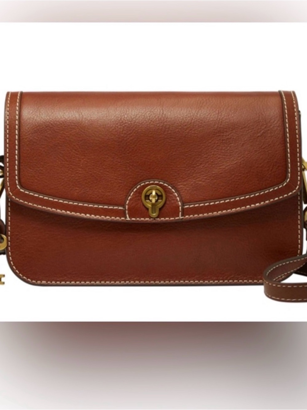Fossil Chestnut Brown Leather Crossbody with Turn-Lock